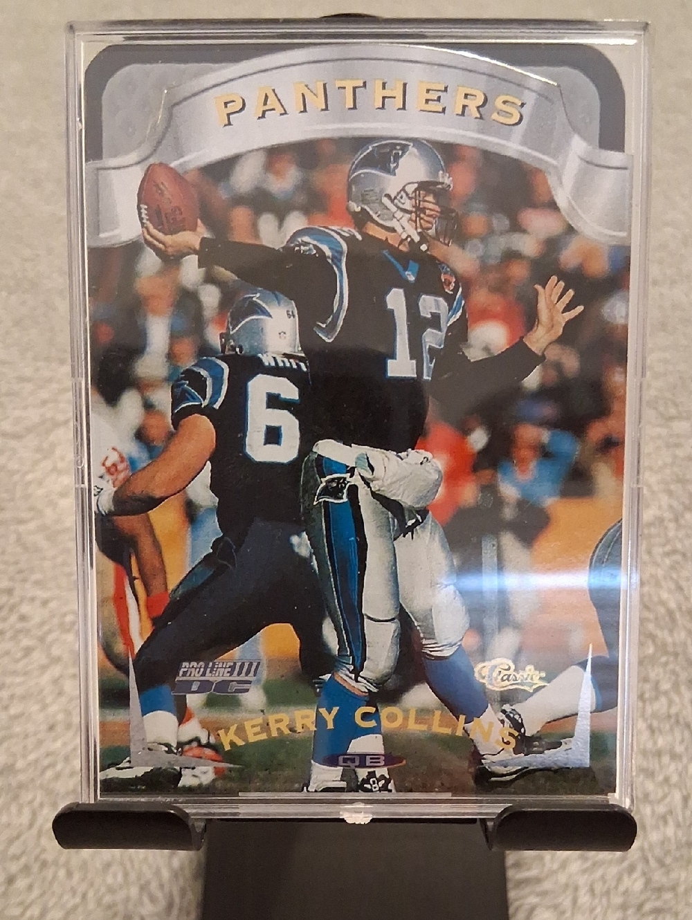 Kerry Collins Panthers Football Card Display - Blue and Black Sports Collectible